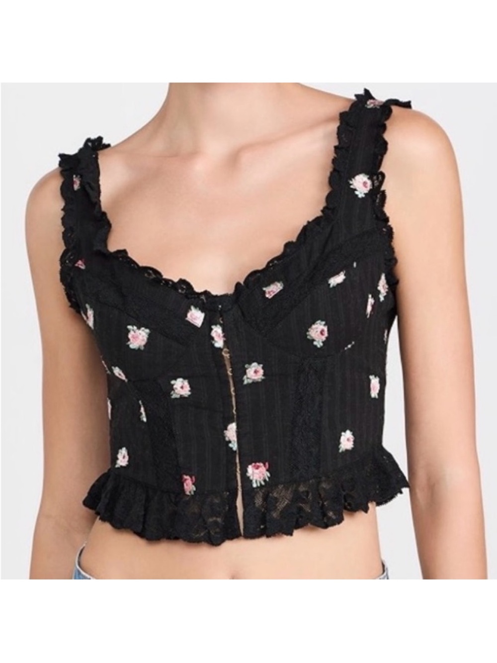 LoveShackFancy Black Floral Ruffled Crop Top